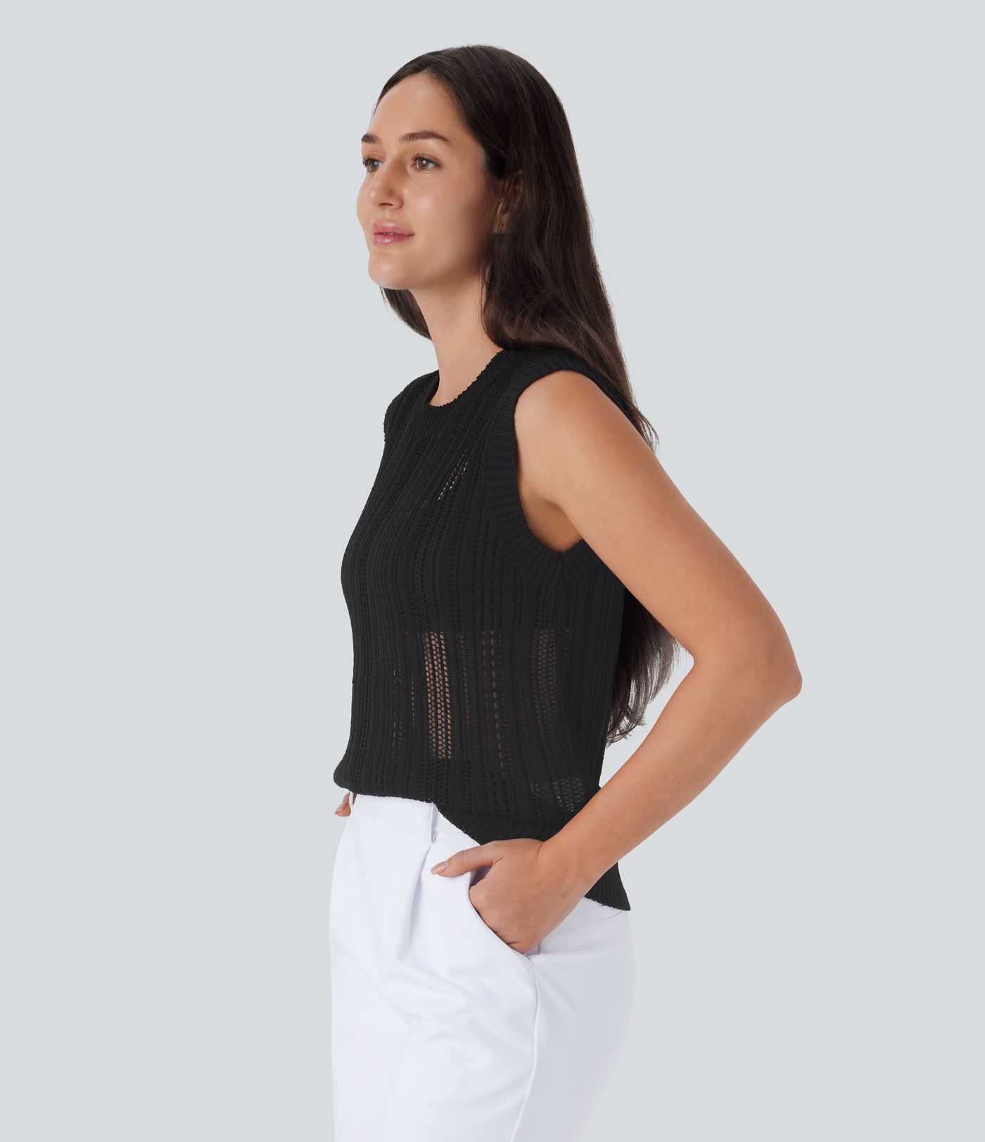 Crochet knit office vest with round neck