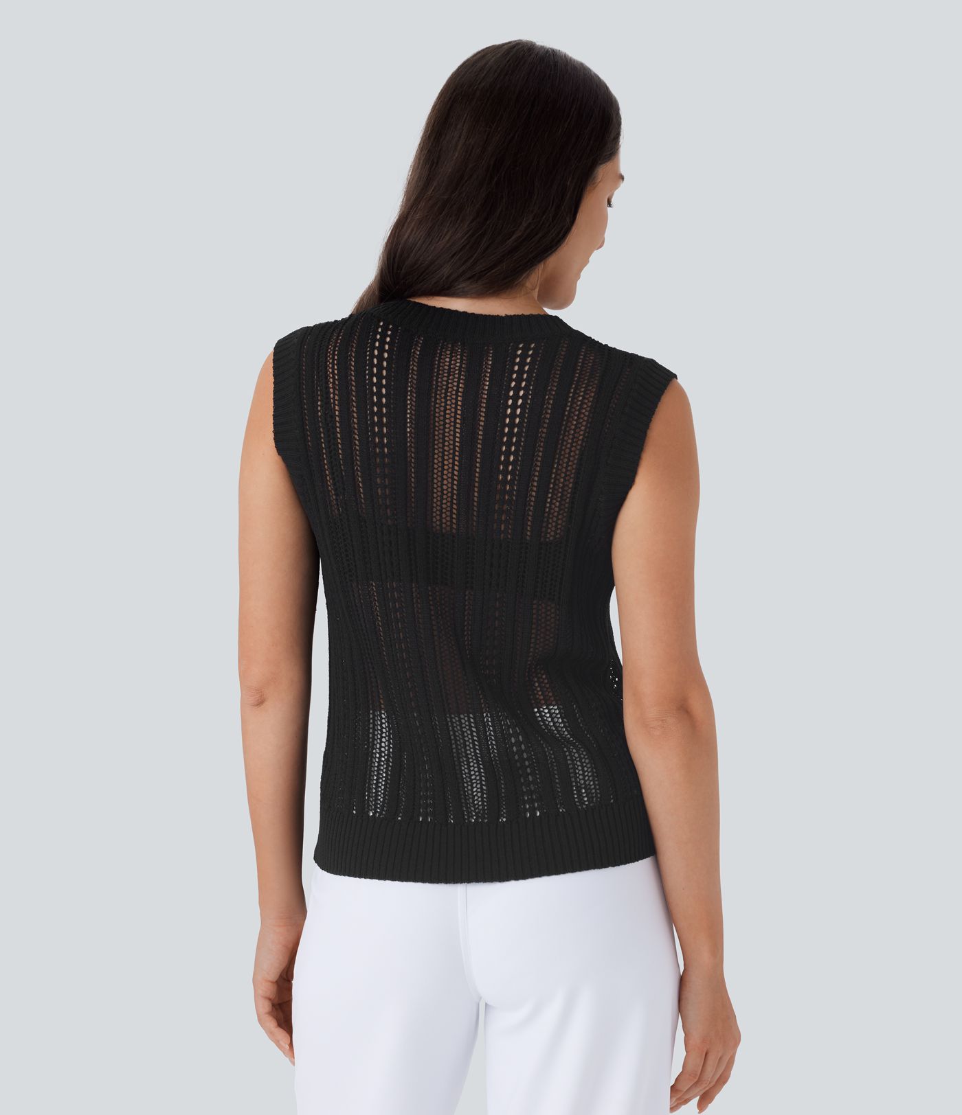 Crochet knit office vest with round neck