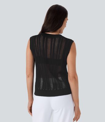 Crochet knit office vest with round neck