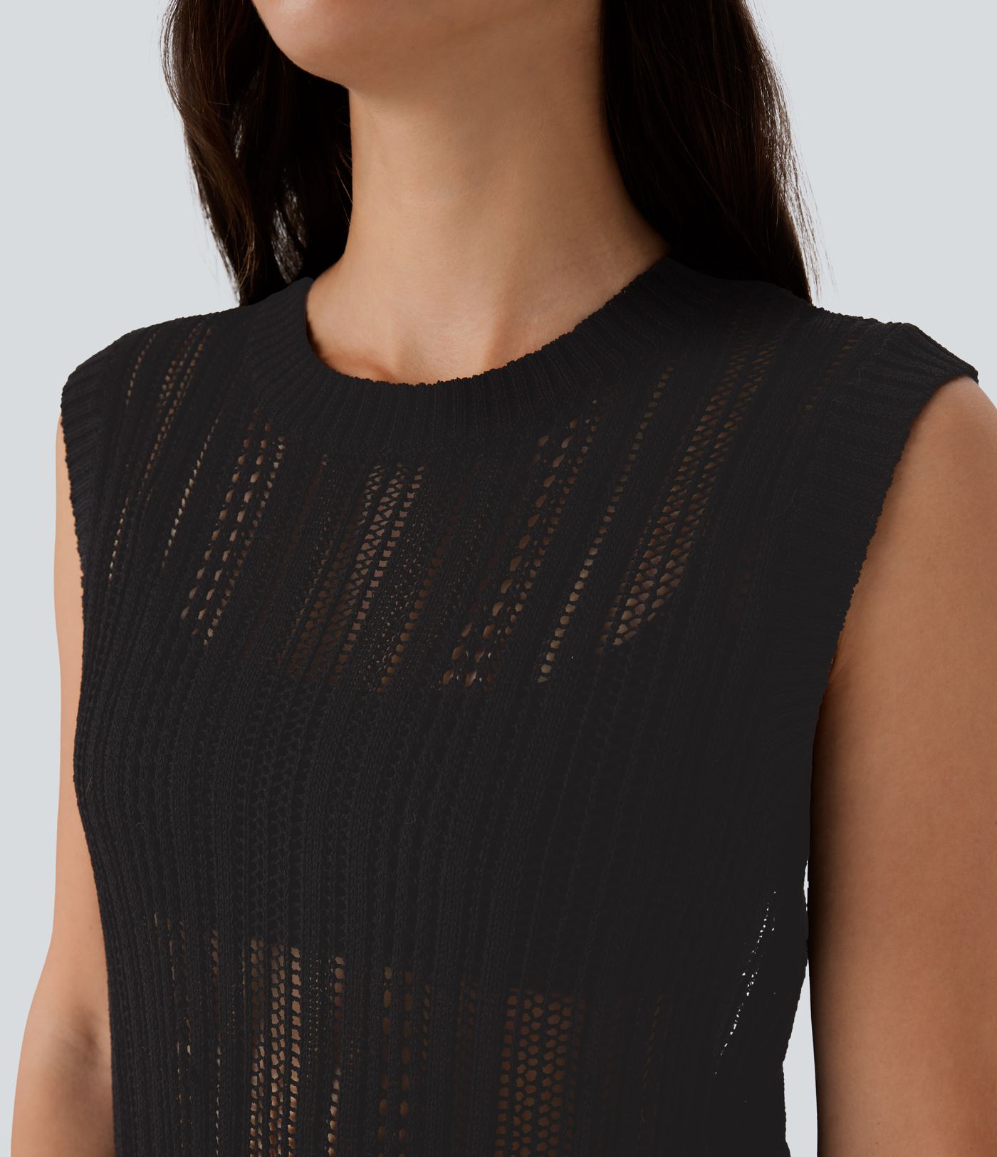 Crochet knit office vest with round neck