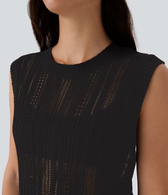 Crochet knit office vest with round neck