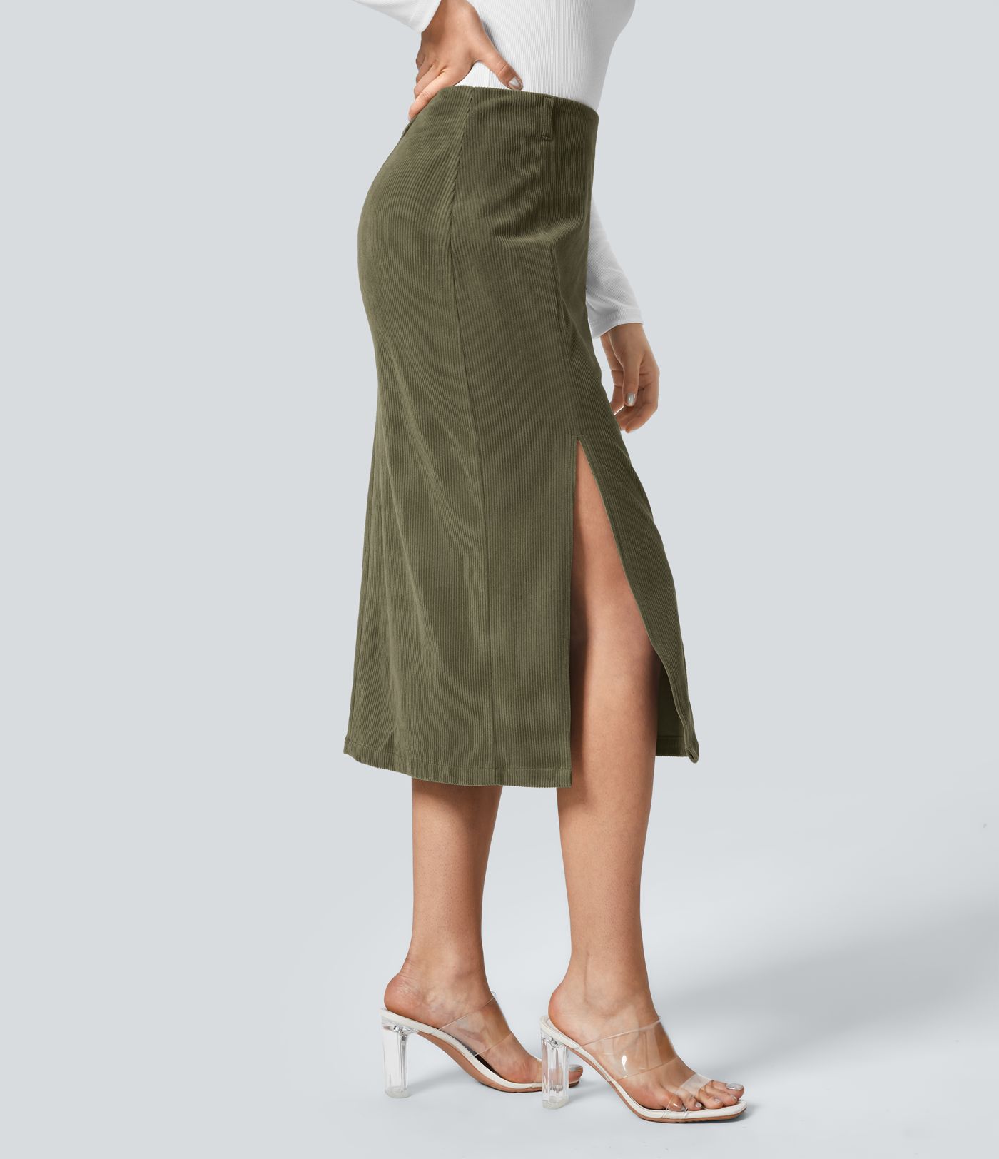 High Waisted Invisible Zipper Split Hem Midi Corduroy Casual Skirt