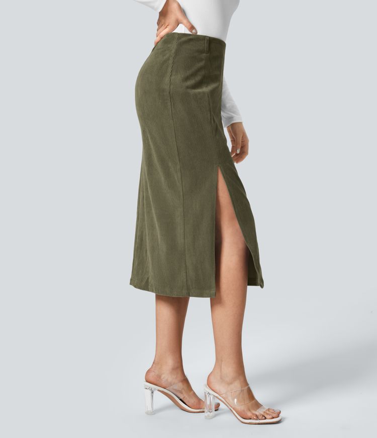 High Waisted Invisible Zipper Split Hem Midi Corduroy Casual Skirt