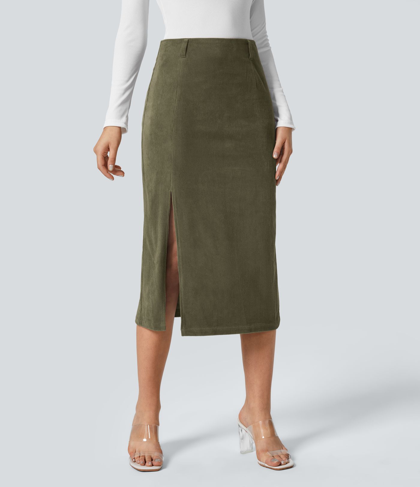 High Waisted Invisible Zipper Split Hem Midi Corduroy Casual Skirt