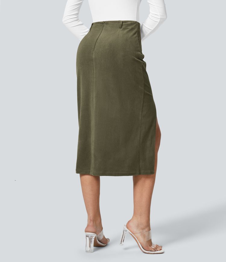High Waisted Invisible Zipper Split Hem Midi Corduroy Casual Skirt