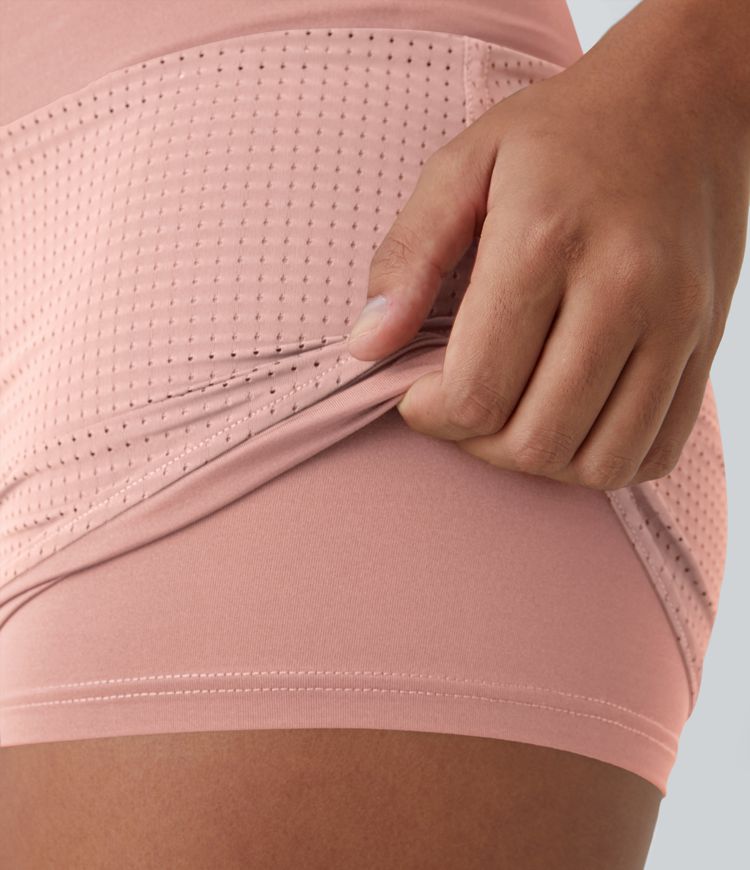 High Waisted Mesh Back Waistband Pocket 2-in-1 Casual Shorts 2"