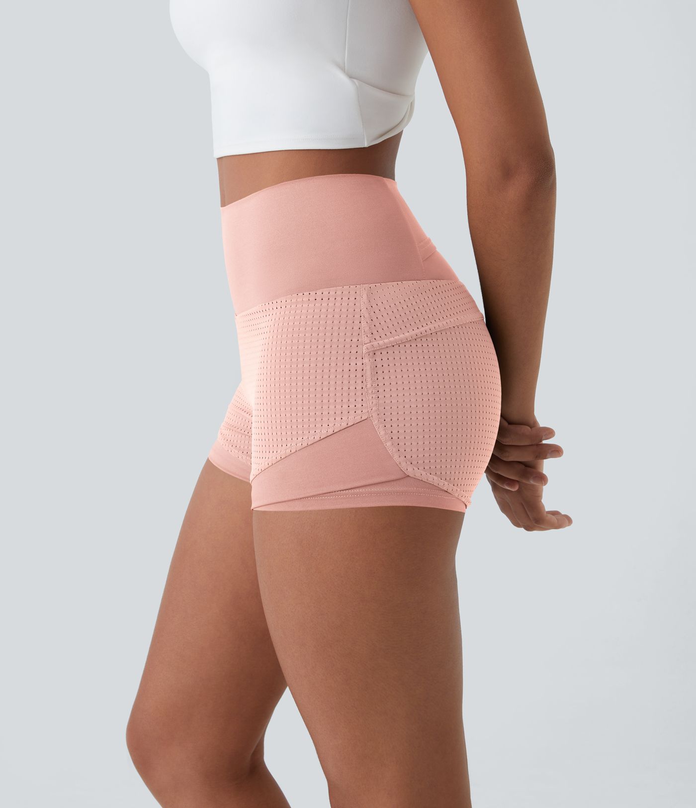 High Waisted Mesh Back Waistband Pocket 2-in-1 Casual Shorts 2"