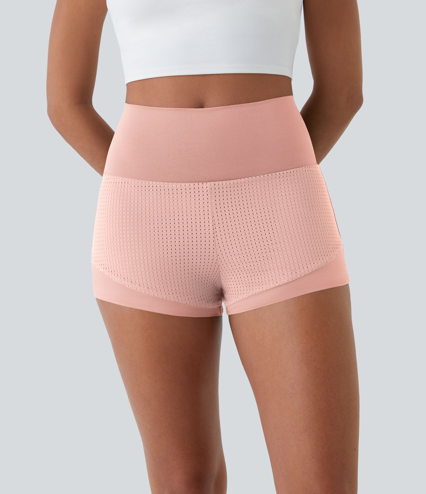 High Waisted Mesh Back Waistband Pocket 2-in-1 Casual Shorts 2"