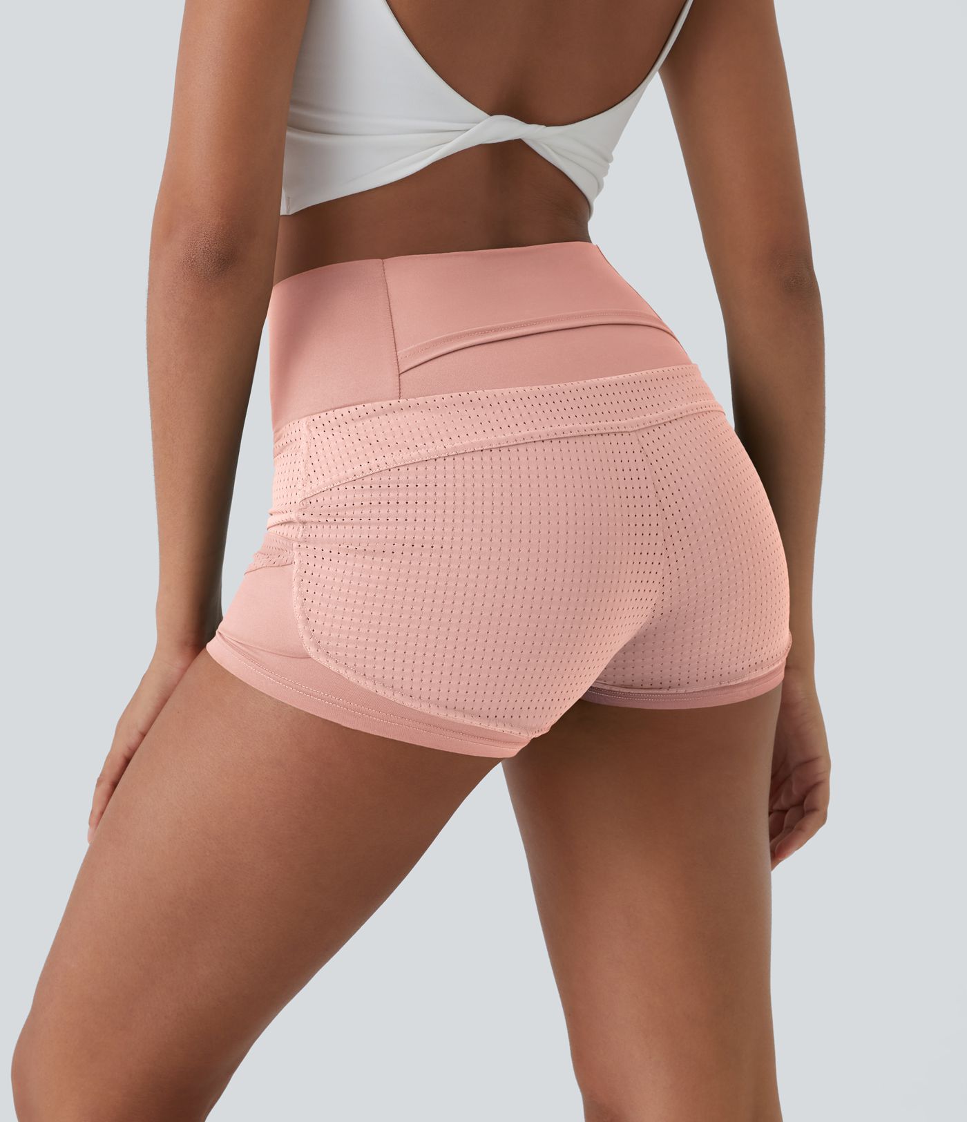 High Waisted Mesh Back Waistband Pocket 2-in-1 Casual Shorts 2"