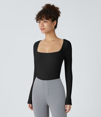 Bodysuit de Travail Tricot Côtelé Col Carré Manches Longues Boutonné Silhouette Élancée