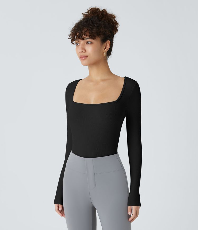 Bodysuit de Travail Tricot Côtelé Col Carré Manches Longues Boutonné Silhouette Élancée