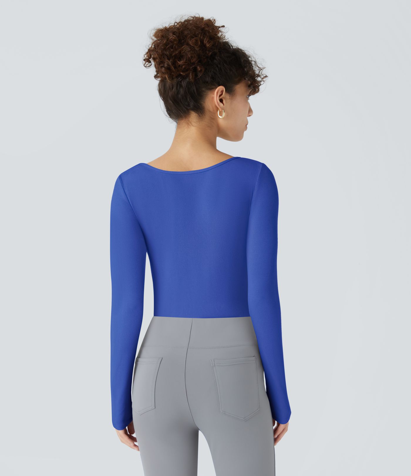 Body Skinny cu Guler Pătrat și Mânecă Lungă din Tricot Nervurat pentru Birou