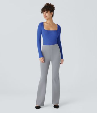 Body Skinny cu Guler Pătrat și Mânecă Lungă din Tricot Nervurat pentru Birou