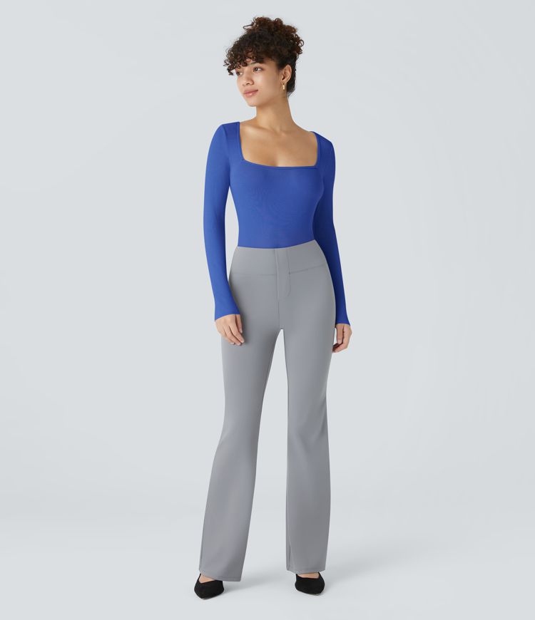 Body Skinny cu Guler Pătrat și Mânecă Lungă din Tricot Nervurat pentru Birou