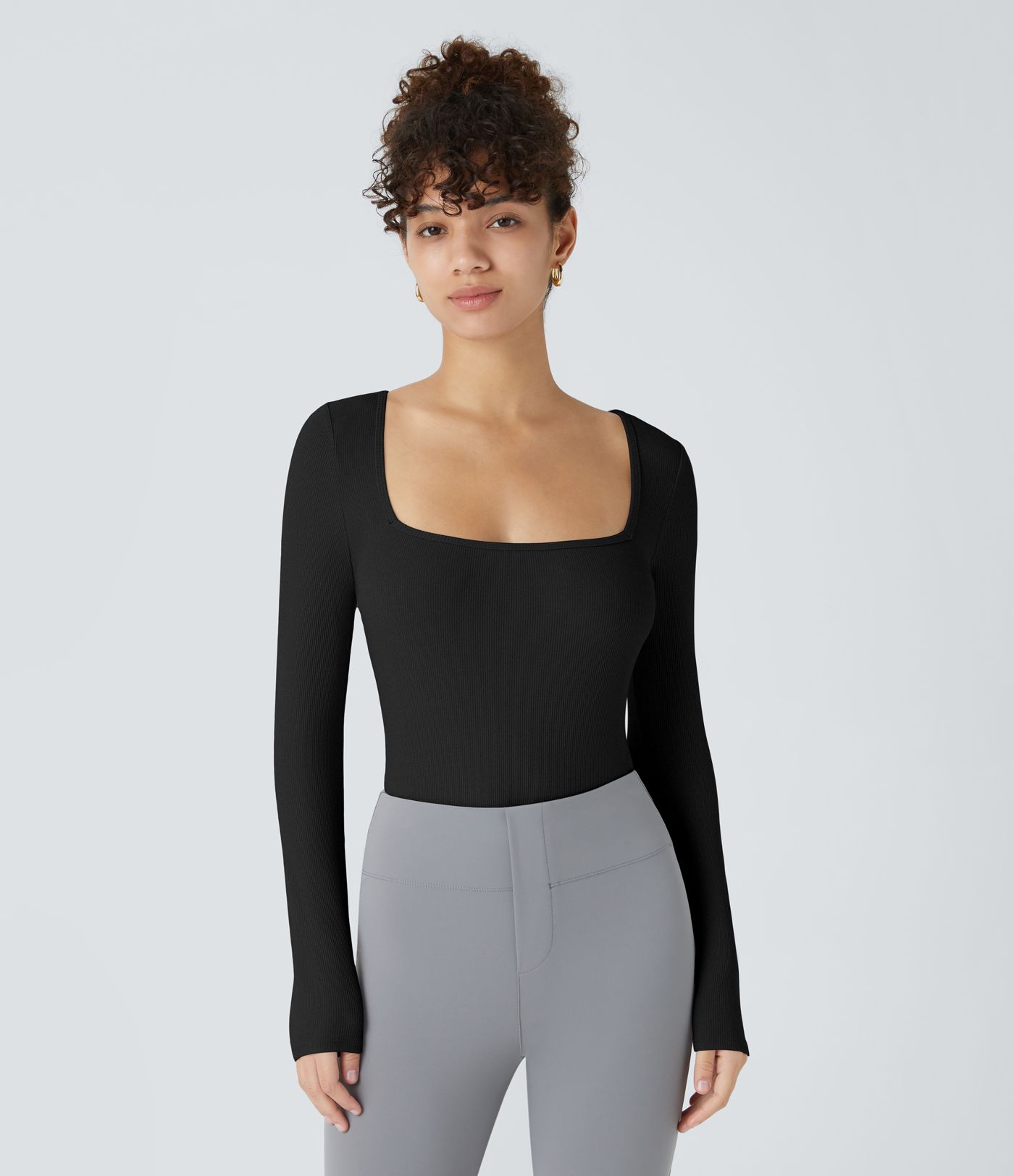 Bodysuit de Travail Tricot Côtelé Col Carré Manches Longues Boutonné Silhouette Élancée