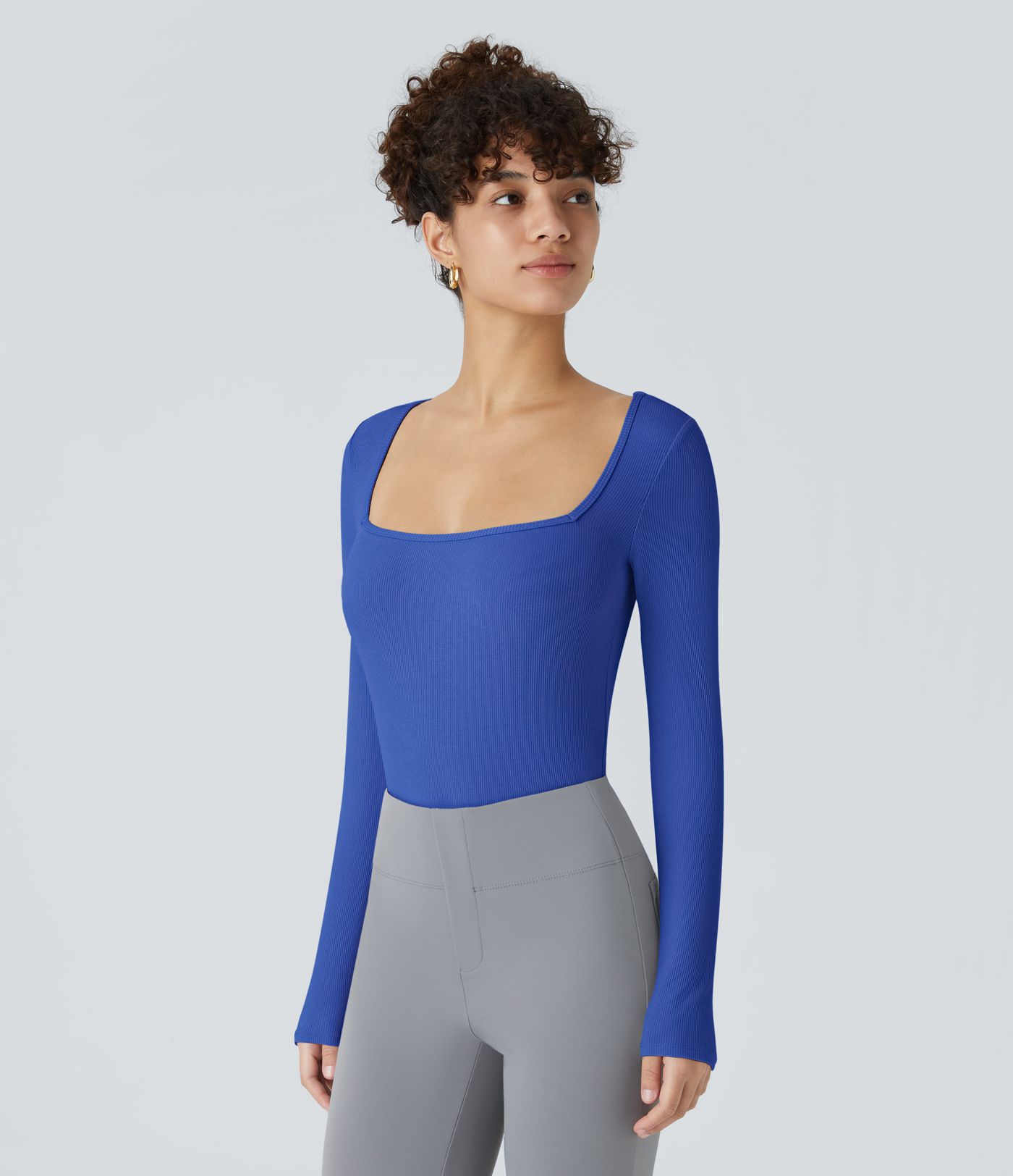 Body Skinny cu Guler Pătrat și Mânecă Lungă din Tricot Nervurat pentru Birou