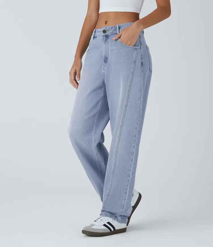 Halara Flex™ Lässige Baggy Jeans, Mom Jeans mit Knopf, Reißverschluss, Mehrere Taschen