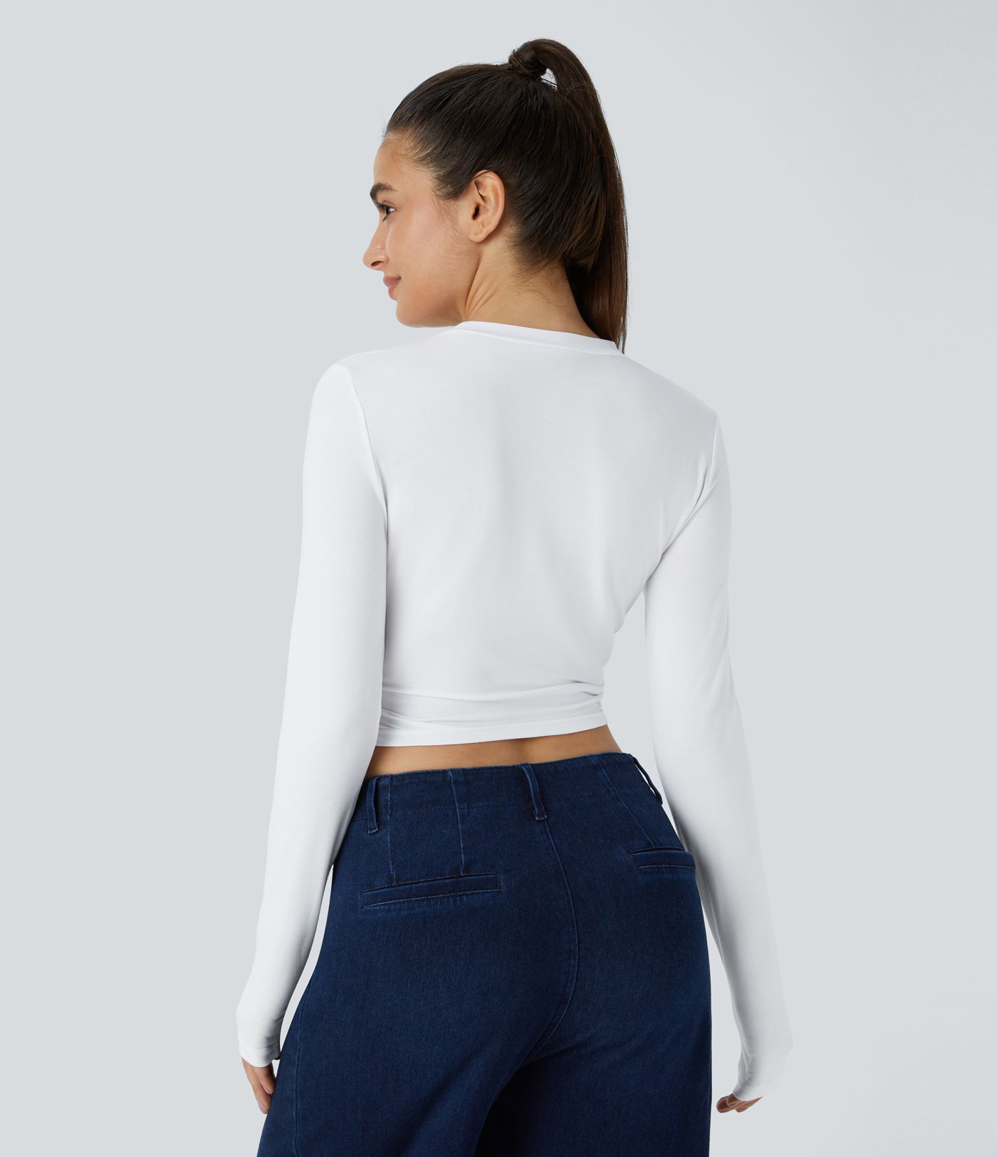  Round Neck Long Sleeve Ruched Skinny Cropped Casual Top
