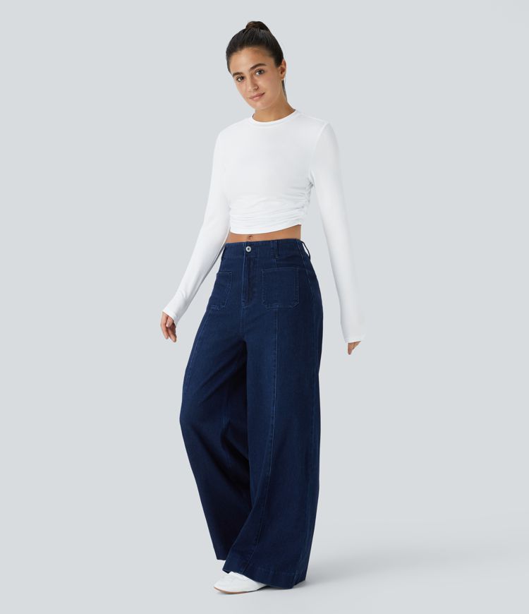  Round Neck Long Sleeve Ruched Skinny Cropped Casual Top