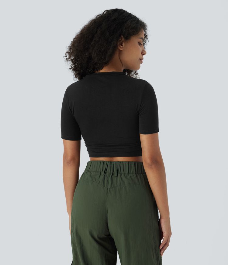 Round Neck Short Sleeve Ruched Skinny Cropped Casual T-Shirt