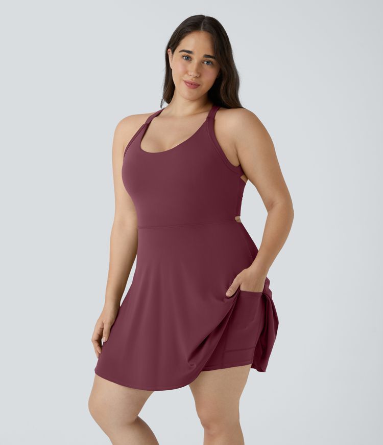 Backless Cut Out Twisted Side Pocket 2-in-1 Plus Size Barre Ballet Dance Dress
