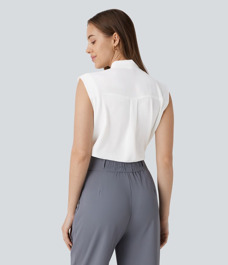 V Neck Tie Front Sleeveless Work Shirt