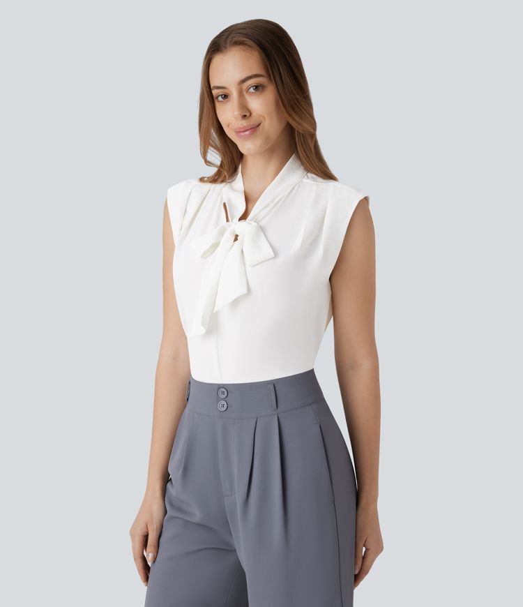 V Neck Tie Front Sleeveless Work Shirt