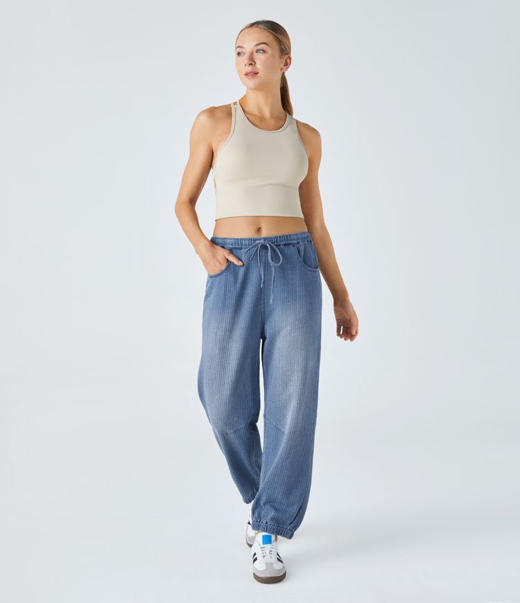 Halara Flex™ Mid Rise Drawstring Multiple Pockets Washed Stretchy Knit Casual Jeans