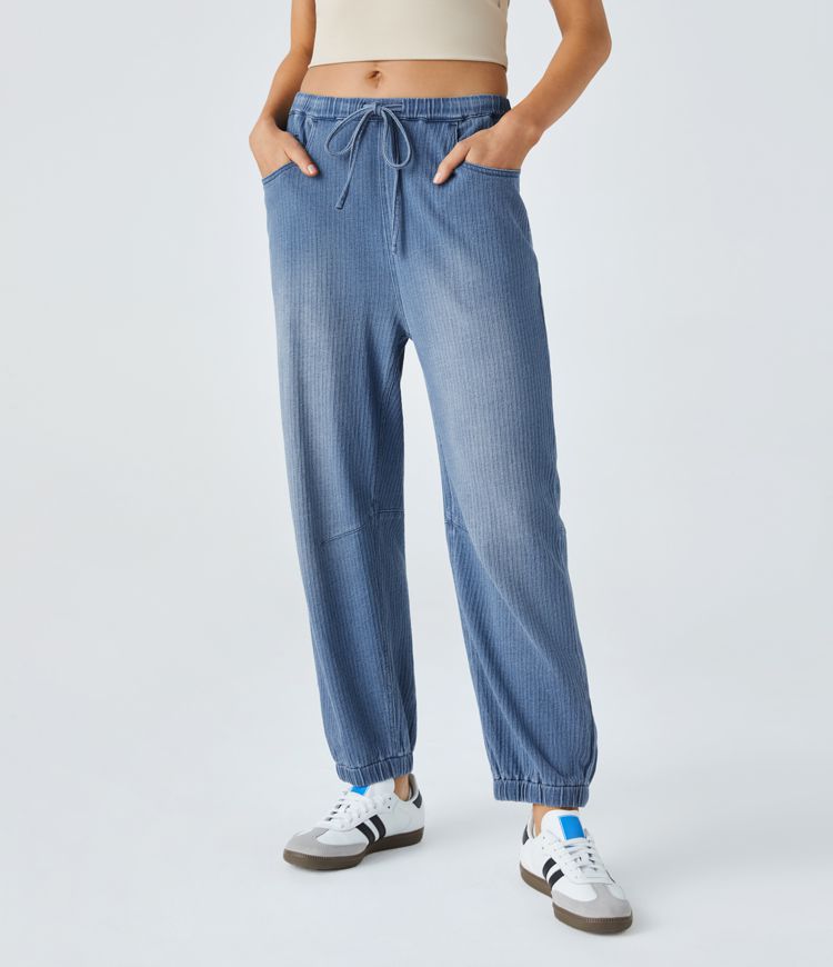 Halara Flex™ Mid Rise Drawstring Multiple Pockets Washed Stretchy Knit Casual Jeans