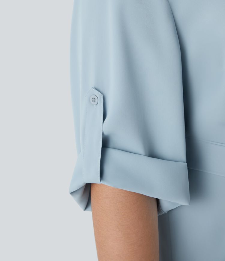 Plus Size Knielanges Hemdblusenkleid mit Kragen, hochgekrempelten Ärmeln und Gürtel 