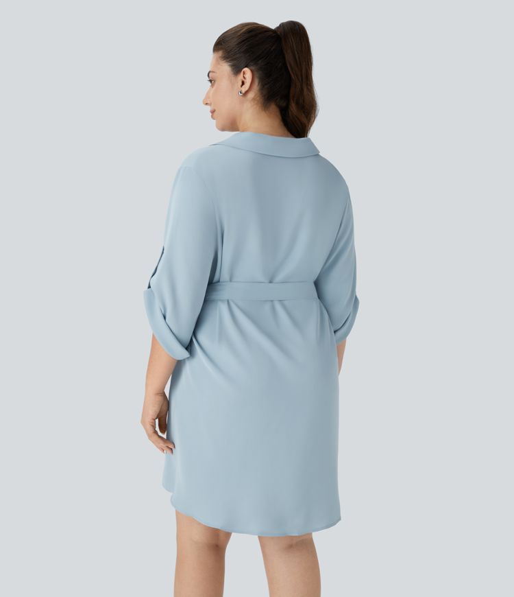 Plus Size Knielanges Hemdblusenkleid mit Kragen, hochgekrempelten Ärmeln und Gürtel 