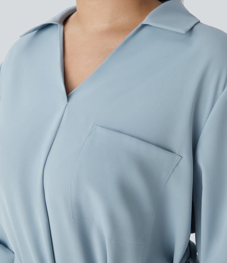 Plus Size Knielanges Hemdblusenkleid mit Kragen, hochgekrempelten Ärmeln und Gürtel 