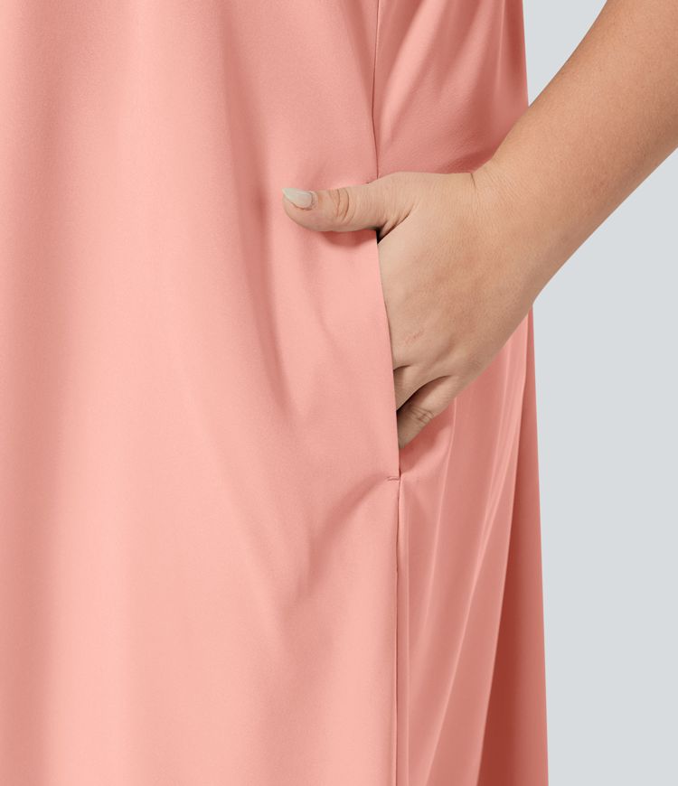 Vestido Breezeful™ sin espalda cruzada bolsillo lateral alto bajo fluido media pierna secado rápido talla grande