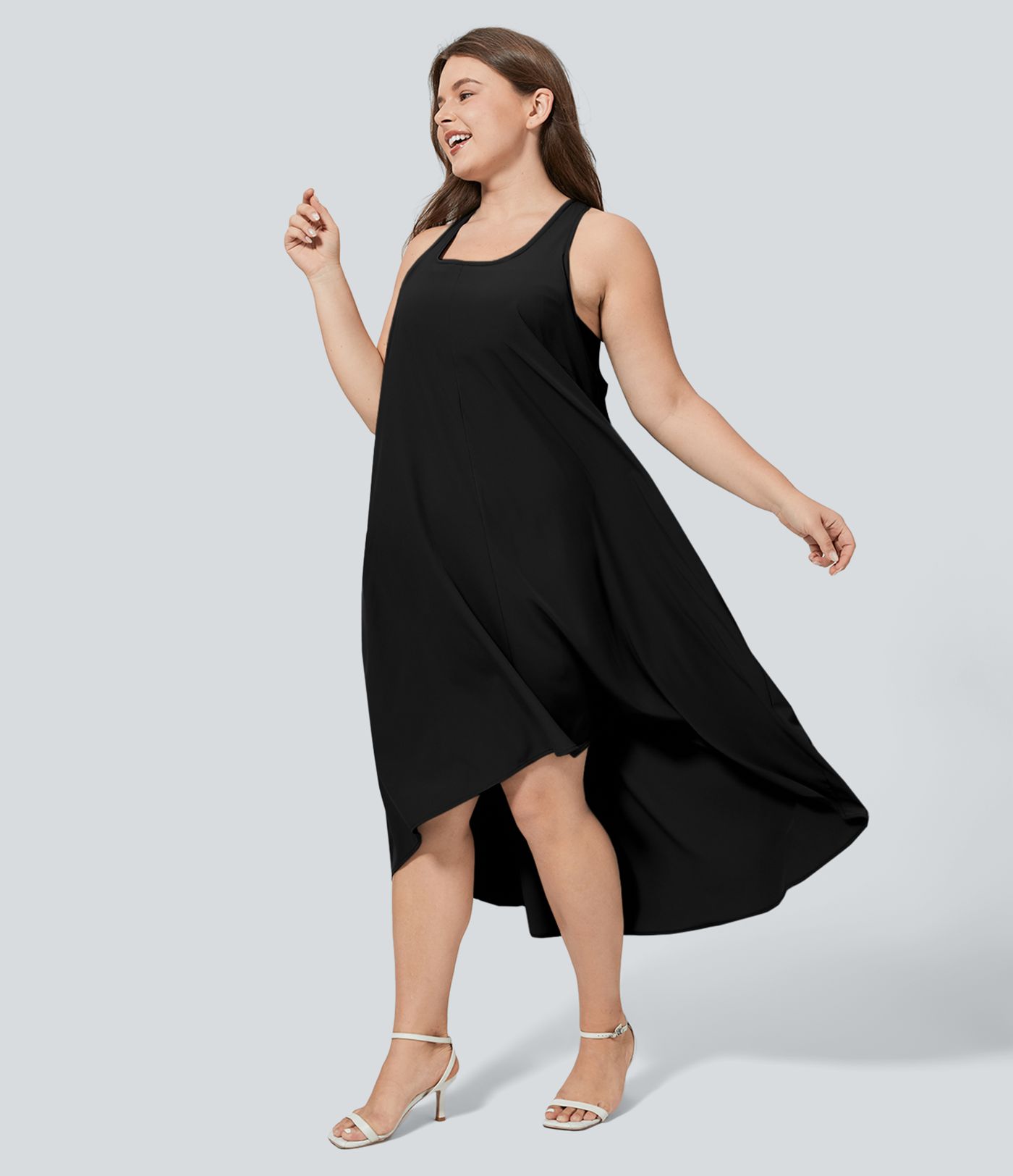 Vestido Breezeful™ sin espalda cruzada bolsillo lateral alto bajo fluido media pierna secado rápido talla grande