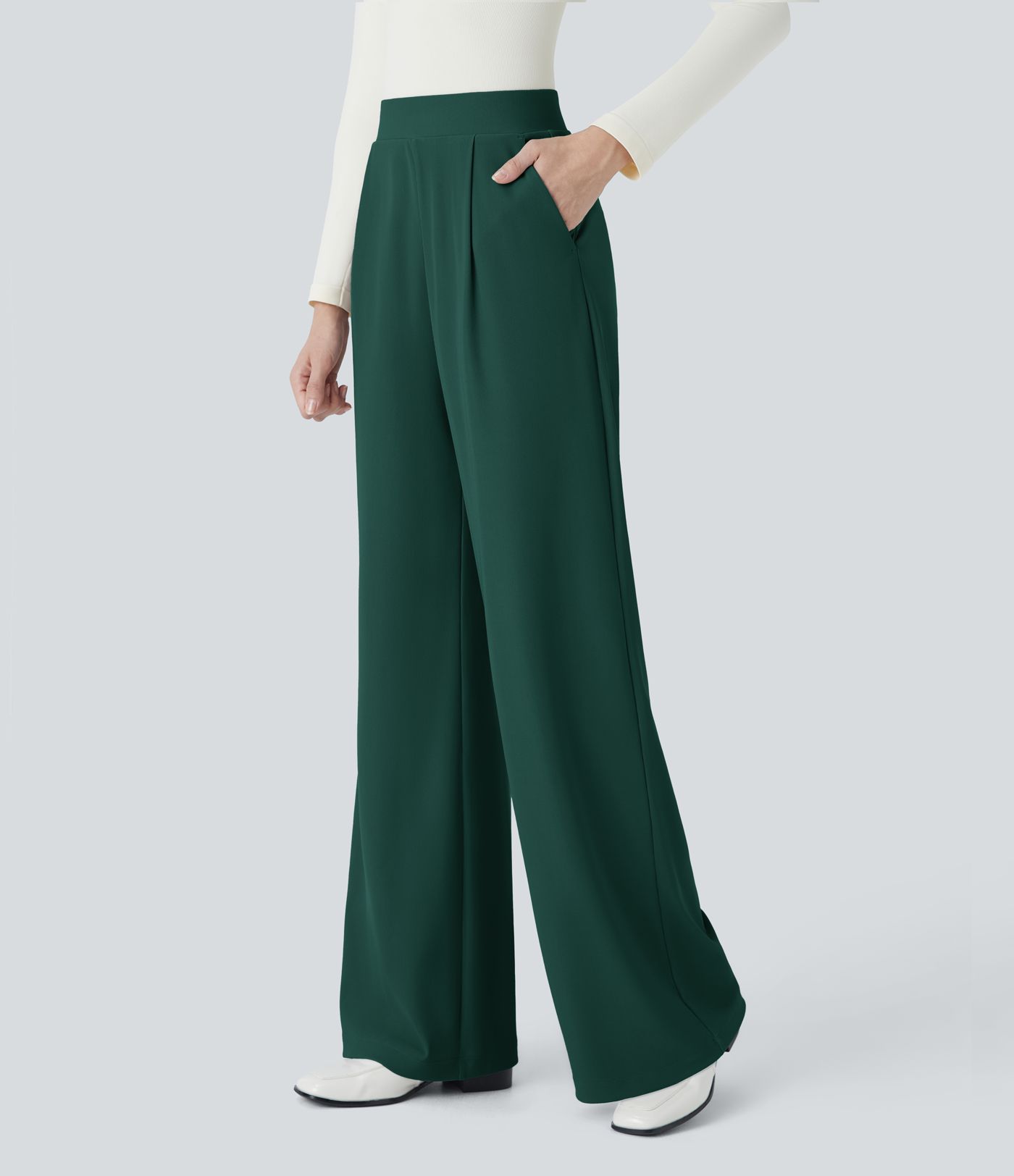 Pantalón Halara Flex™ oficina tiro alto control abdomen adelgazan tiro bolsillo lateral pierna ancha micro gofre