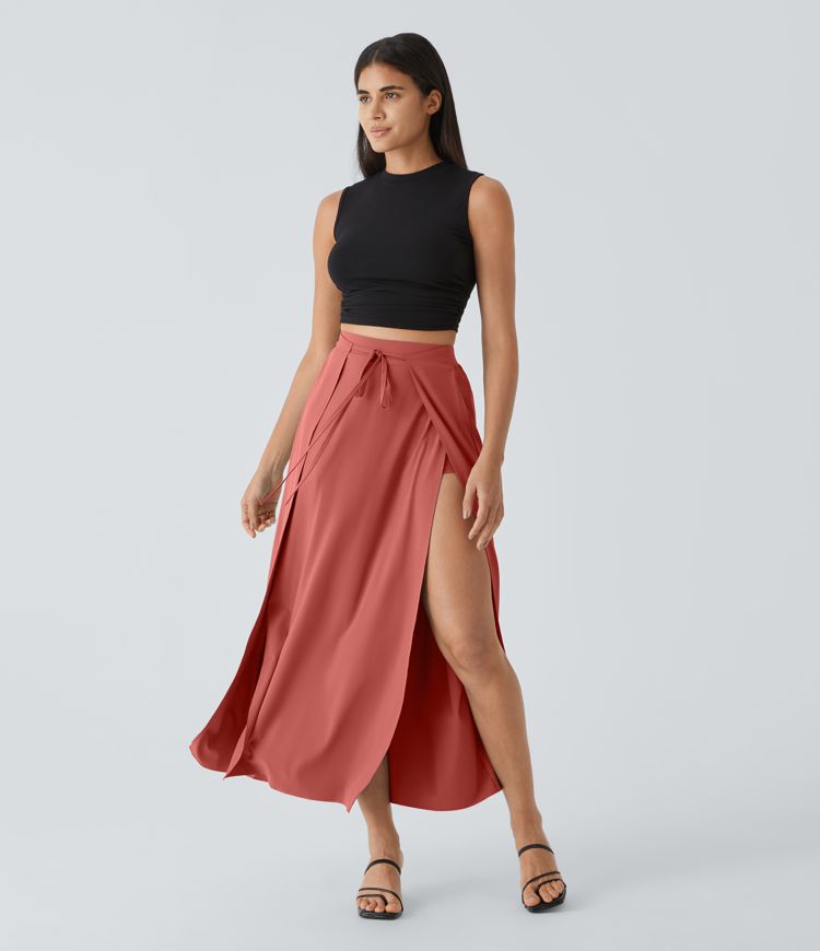 Breezeful™ High Waisted Tie Front Flowy 2-in-1 Maxi Quick Dry Casual Skirt