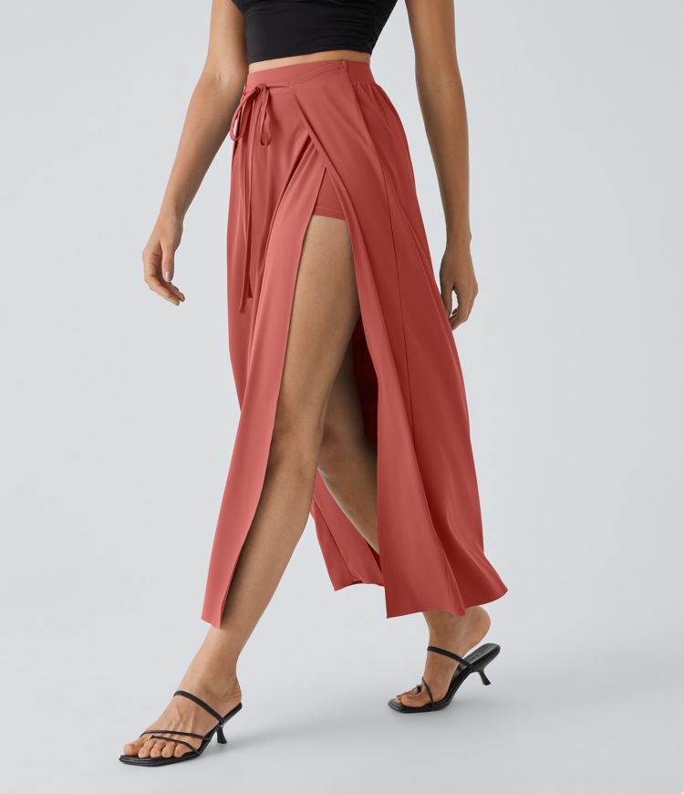 Breezeful™ High Waisted Tie Front Flowy 2-in-1 Maxi Quick Dry Casual Skirt