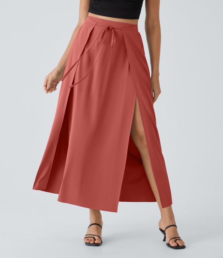 Breezeful™ High Waisted Tie Front Plicated Split Flowy 2-in-1 Maxi Quick Dry Casual Skirt
