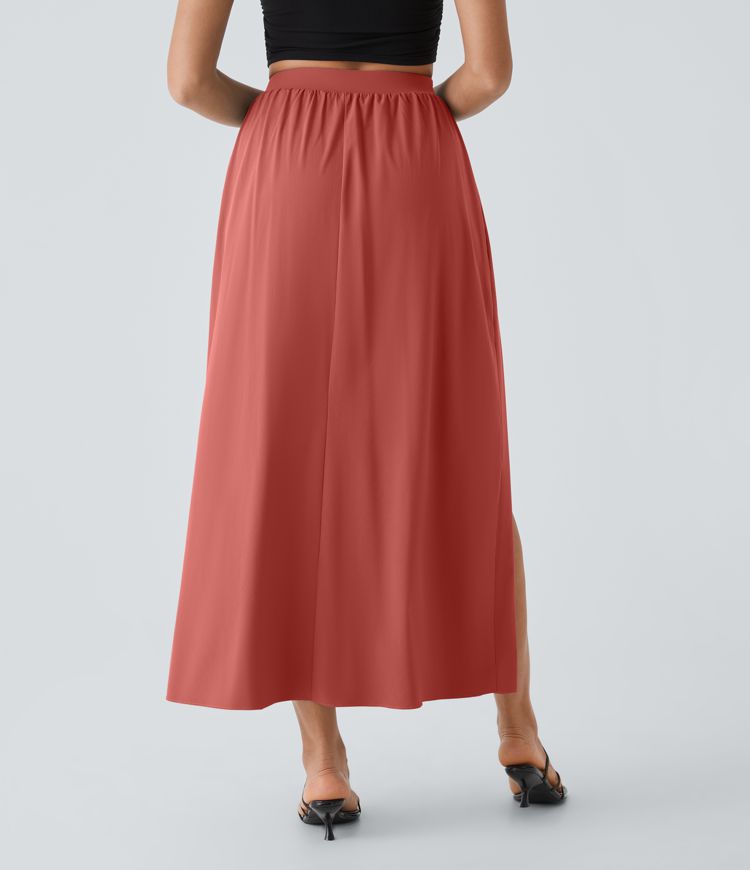 Breezeful™ High Waisted Tie Front Plicated Split Flowy 2-in-1 Maxi Quick Dry Casual Skirt