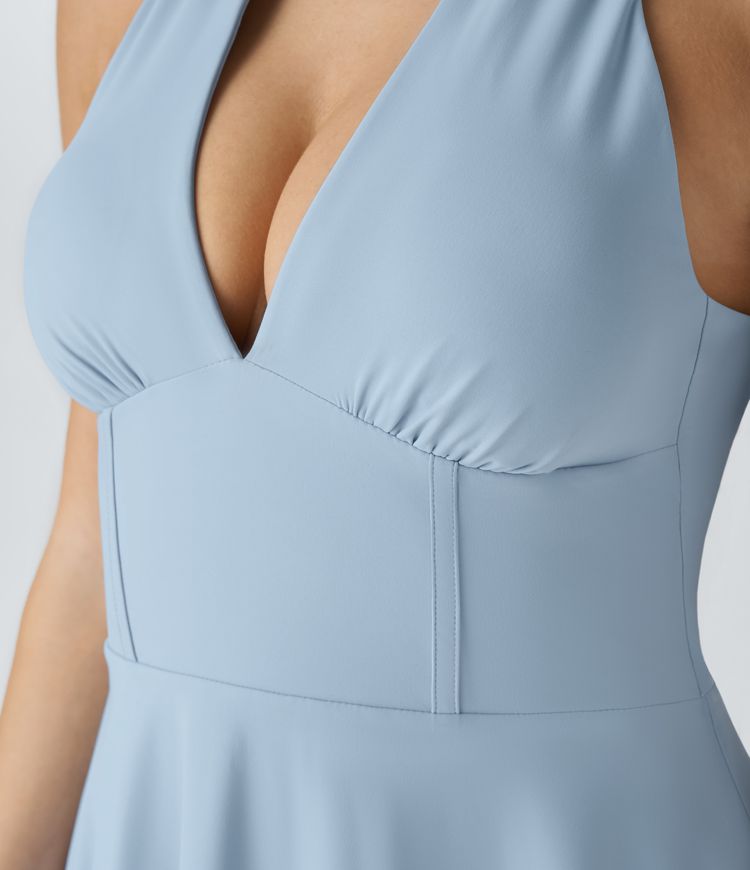 SoftlyZero™ Airy Halter Tie Back 2-in-1 Pocket Flare Mini Cool Touch Casual Dress-UPF50+