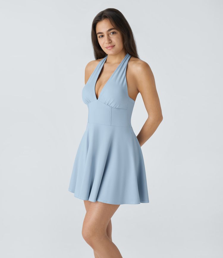 SoftlyZero™ Airy Halter Tie Back 2-in-1 Pocket Flare Mini Cool Touch Casual Dress-UPF50+