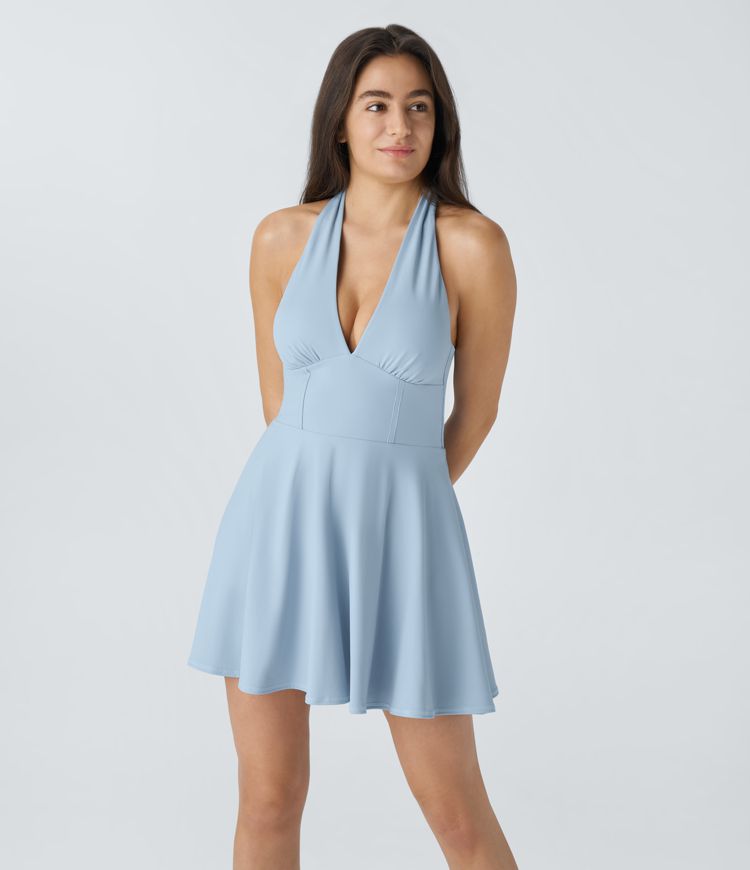 Minivestido Softlyzero™ Airy tacto fresco 2 en 1 cuello halter sin espalda bolsillo lateral llamarada - UPF50+