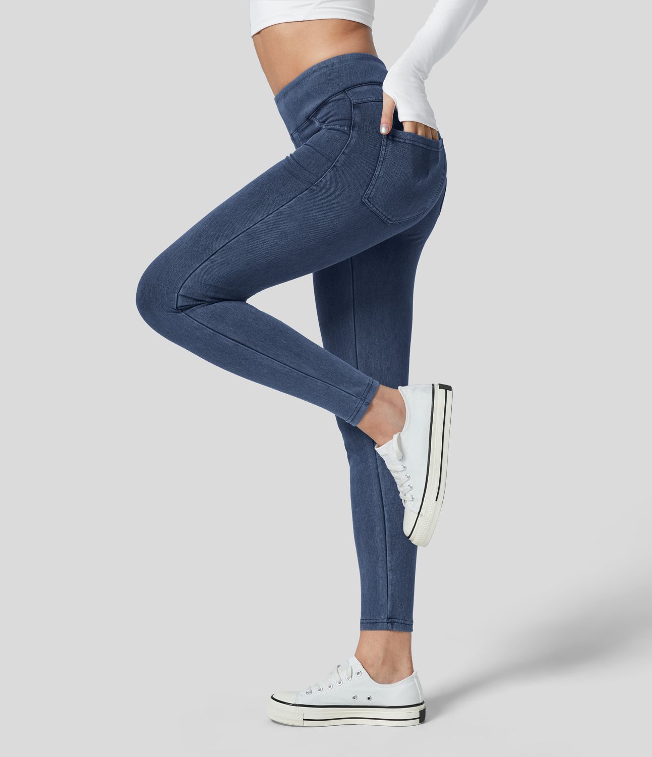 Halara Flex™ Denim Heat - Leggings aus Denim mit hohem Bund und Seitentaschen