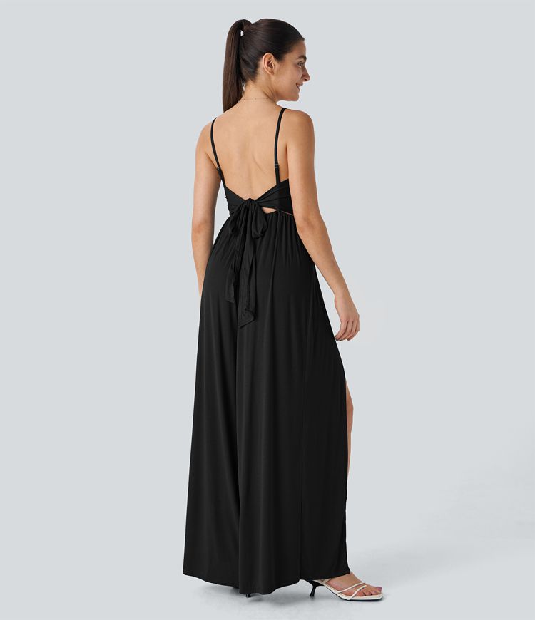 Ribbed knit V-neck adjustable strap backless tie-back split 2-in-1 resort jumpsuit