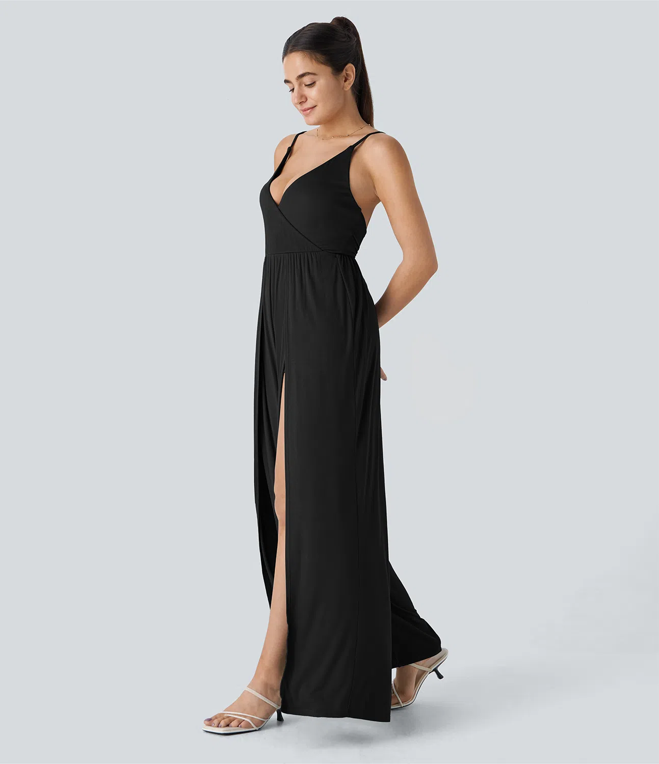 Ribbed V-neck adjustable strap backless tie-back split 2-in-1 vacation look jumpsuit