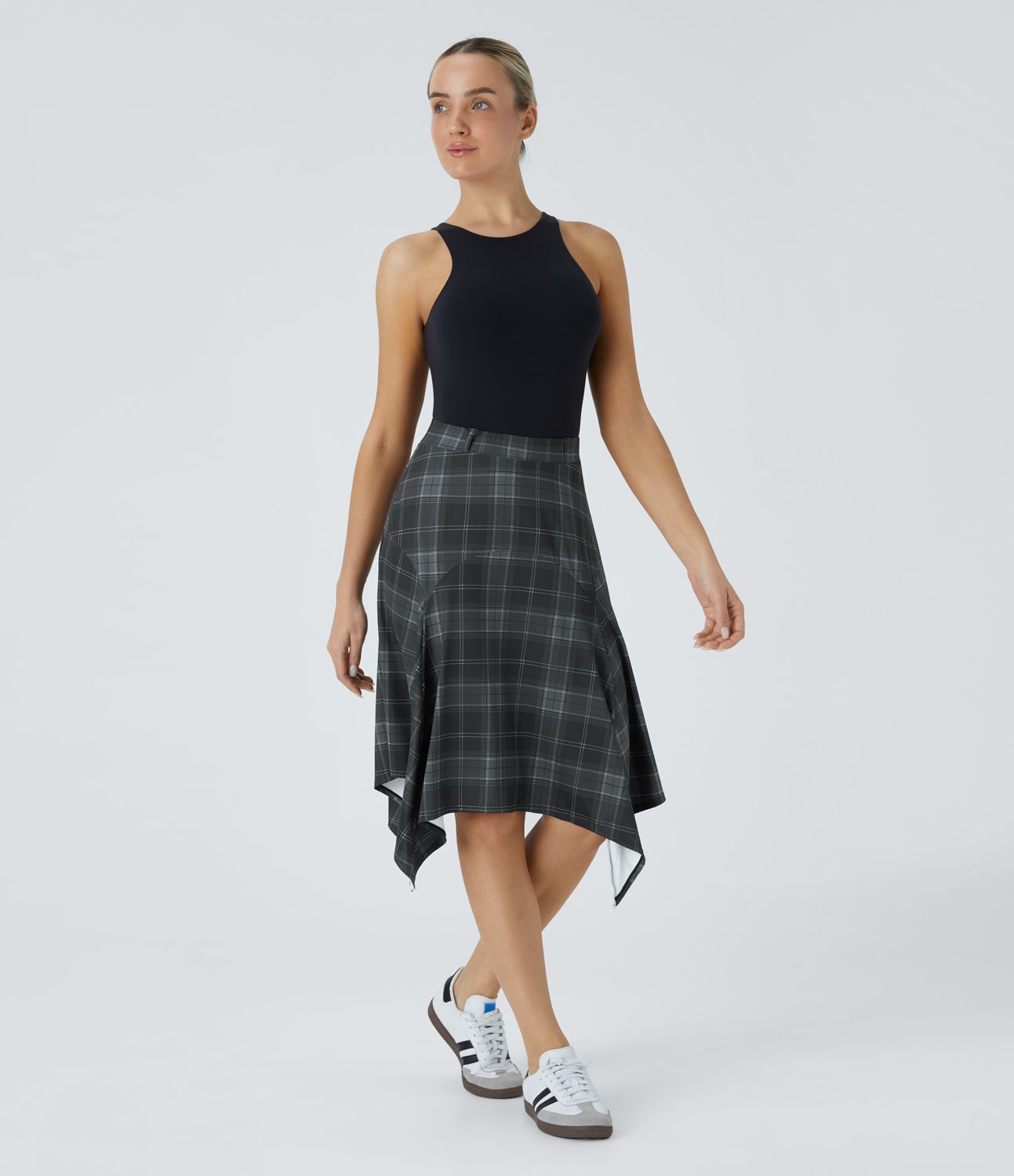 미드-하이웨이스트 비대칭 밑단 체크무늬 미디 캐주얼 스커트