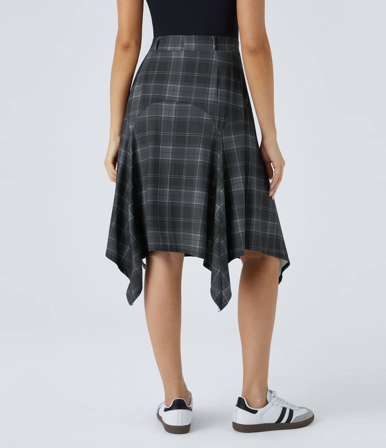 미드-하이웨이스트 비대칭 밑단 체크무늬 미디 캐주얼 스커트