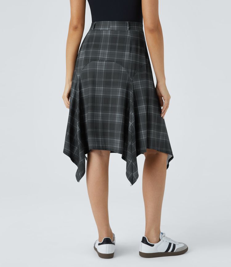 미드-하이웨이스트 비대칭 밑단 체크무늬 미디 캐주얼 스커트