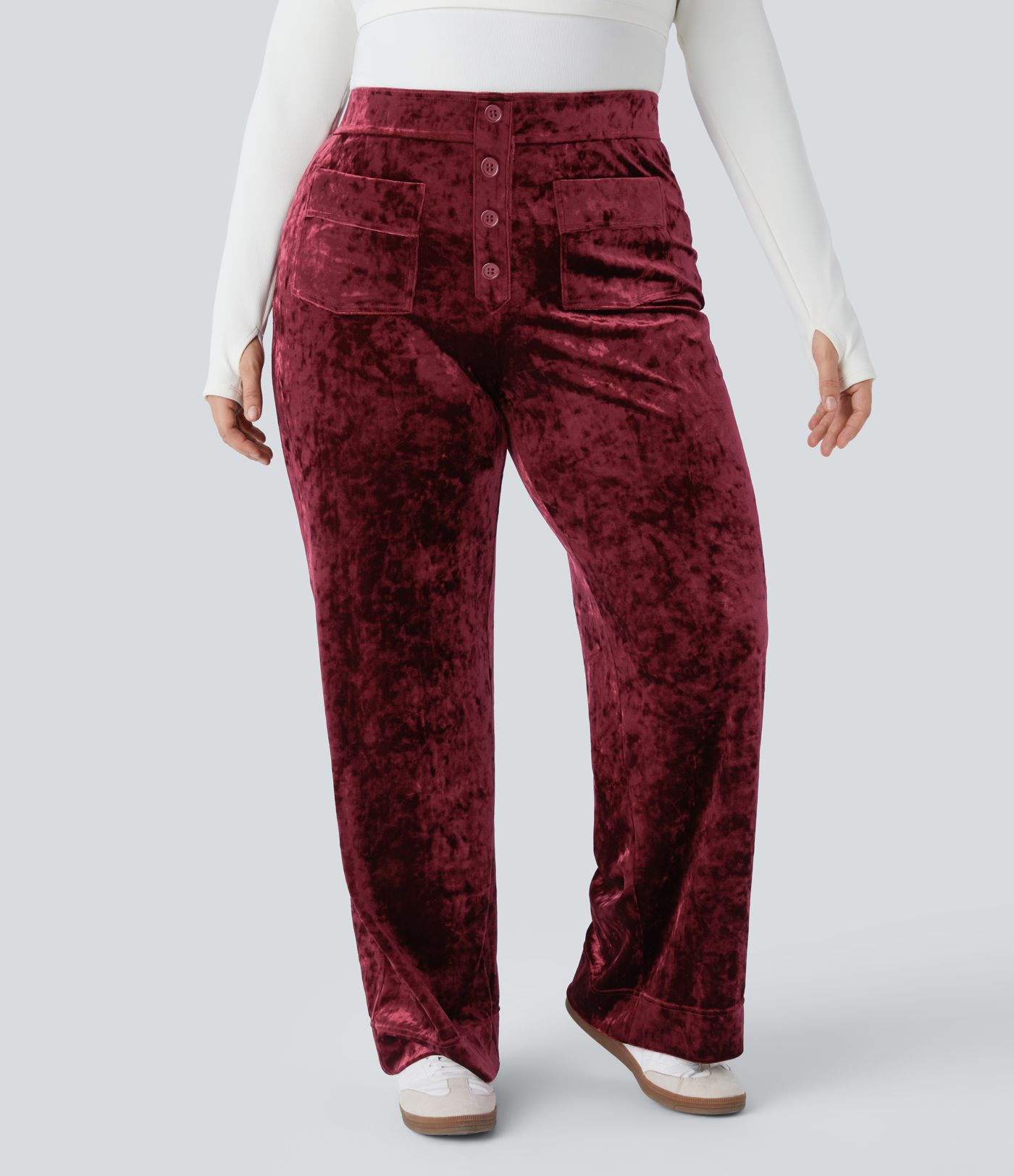 Pantalón terciopelo tiro alto botón múltiple bolsillo pierna recta talla grande