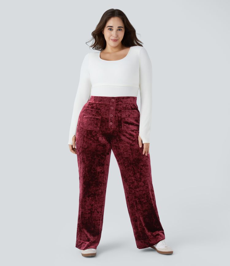 Pantalón terciopelo tiro alto botón múltiple bolsillo pierna recta talla grande